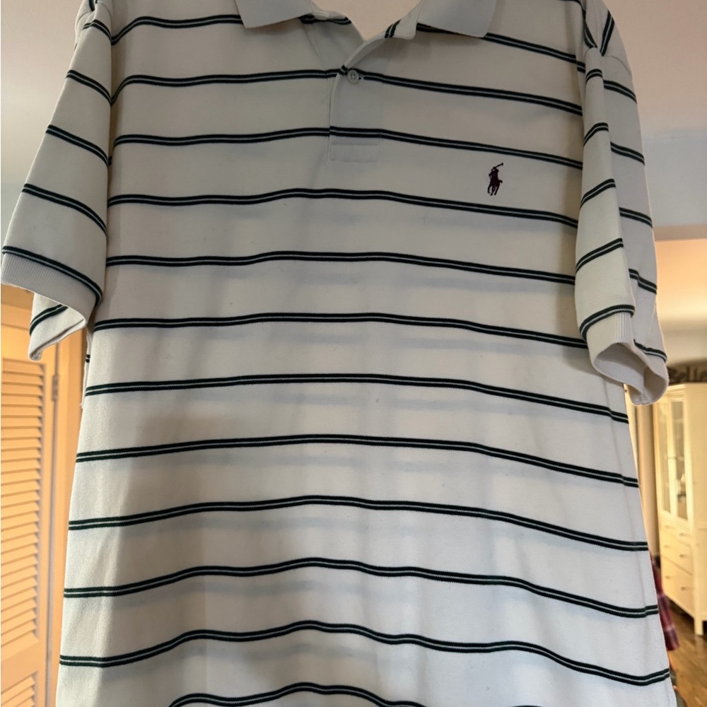 Ralph Lauren Men's Cream/Forest Green Striped Polo Shirt w/ Burgundy Polo